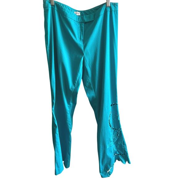 Turquoise Resort Pants Cutwork Embroidery Boho Coastal Cruise Beach Size 10 - Picture 2 of 7